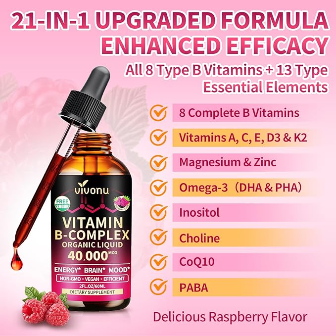 VivoNu Vitamin B Complex Liquid Drops 50mg Inositol Vitamin B12 (6000 mcg) B6 B1 B2 B3 B5 and Methylfolate Support Energy Raspberry Flavor Natural Ingredient Non GMO - 2 Pack