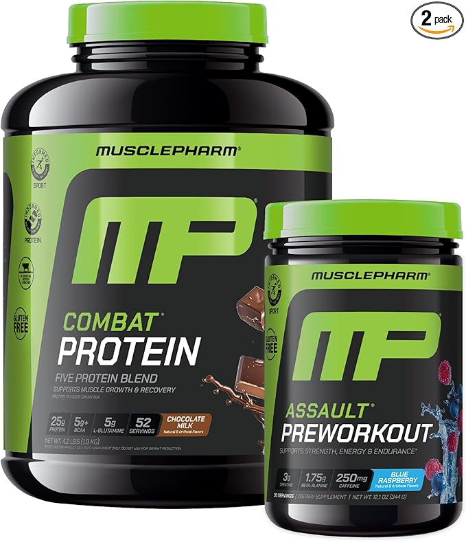 Muscle Pharm Combat 4lb Chocolate Protein and MusclePharm Assault Blue Raspberry Pre-Workout