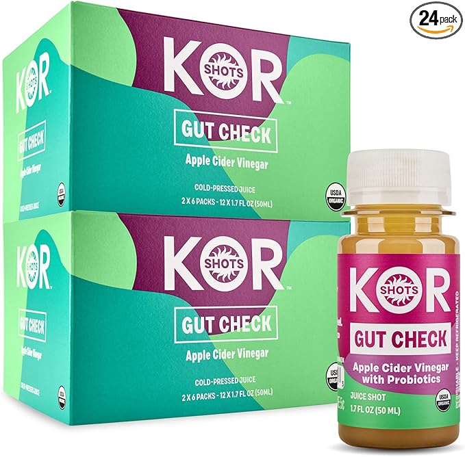 Kor Shot Apple Cider Vinegar Probiotics Shot - 24 Pack x 1.7 Fl Oz - Gut Check - Digestive Health - 1 Billion Cfu Probiotics - USDA Certified Organic