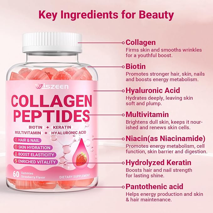 Collagen Gummies for Women Sugar-Free Hydrolyzed Collagen Gummy with Type I II III V X Collagen Peptides Biotin Hyaluronic Acid &amp MultiVitamins Promote Skin/Hair/Nail/Bones 120 Cts