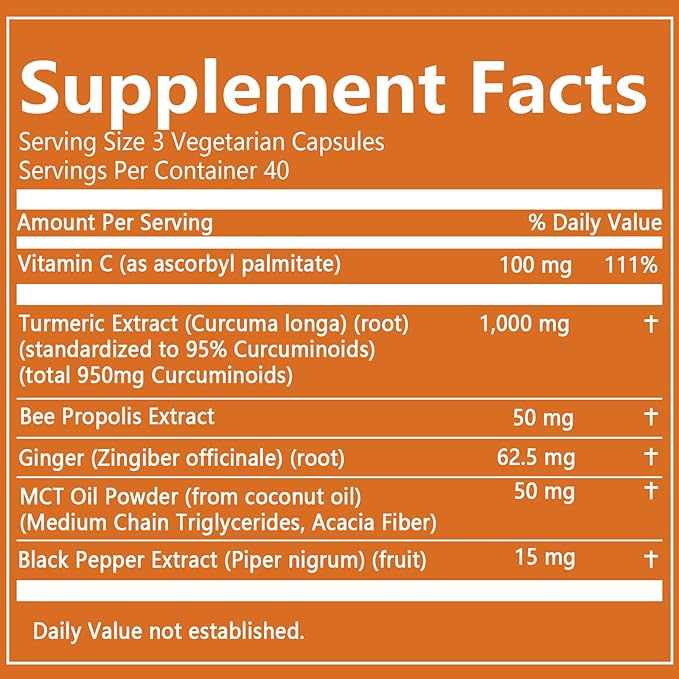 Nivelle Turmeric Curcumin 95 1000mg - 95% Turmeric Complex Supplement with Bee Propolis Ginger MCT Oil Fat Soluble Vitamin C &amp Black Pepper Non-GMO Gluten Free 120 Capsules