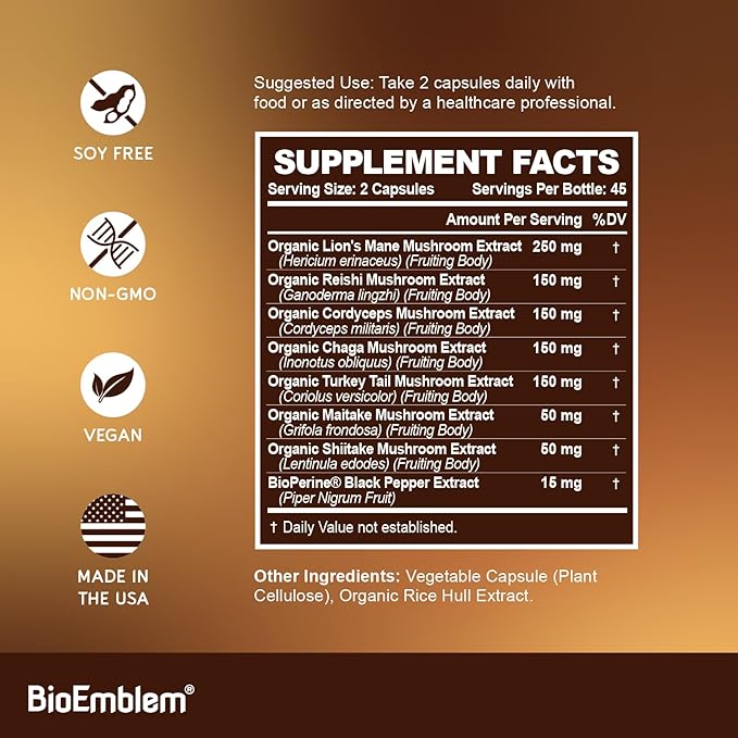BioEmblem Turmeric Curcumin Supplement with BioPerine and Mushroom Complex