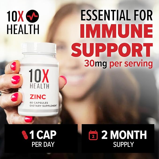 10X Health Zinc Supplements - Contains Zinc 30mg for DNA &amp Protein Synthesis Overall Wellness &amp Immune Support Supplement - Highly Absorbable Vitamins (60 Capsules)