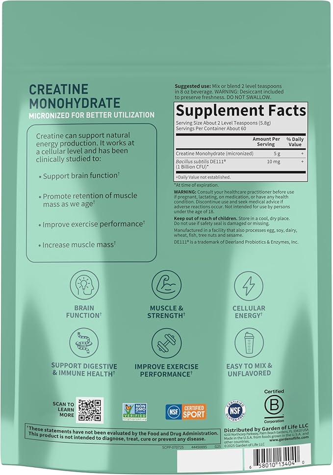 Garden of Life Creatine Monohydrate Powder for Women &amp Men Micronized Pre Workout with Probiotics for Muscle Strength Sport Amino Energy About 60 Easy to Mix Unflavored Servings (Pack of 2)