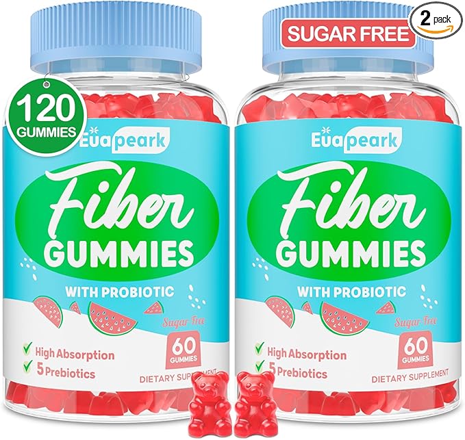2 Packs - Fiber Gummies for Adults Sugar Free Probiotics &amp Prebiotic Fiber Gummies with Inulin Fos &amp Chicory Root - for Regularity Digestion &amp Gut Health - Vegan Gluten Free 120 Coun