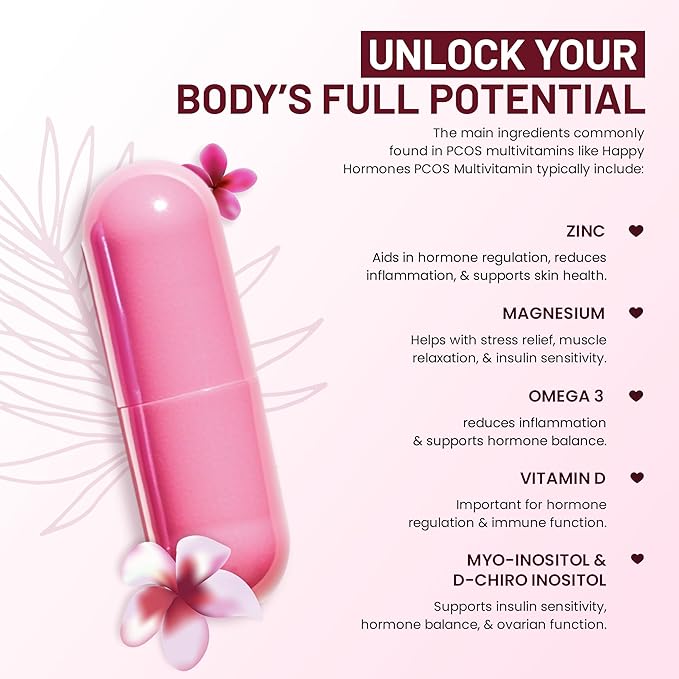 PCOS Multivitamin for Women – Happy Hormones Formula – Myo &amp D-Chiro Inositol 40:1 Omega-3 Vitamin D3 Zinc &amp Magnesium – 120 Vegan Capsules
