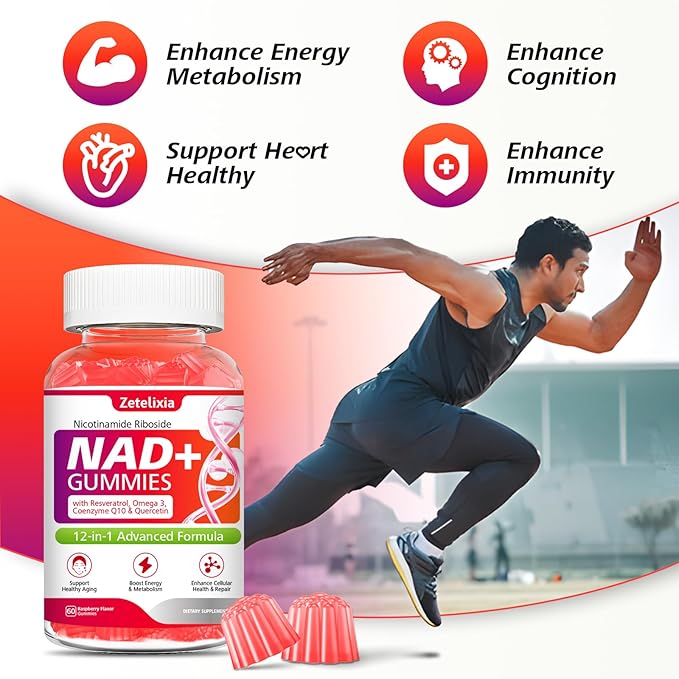 NAD Gummies 12-in-1 NAD Supplements for Women &amp Men NAD+ with Nicotinamide Riboside Resveratrol Quercetin for Anti-Aging Cell Regeneration DNA Repair Raspberry Flavor 120Ct