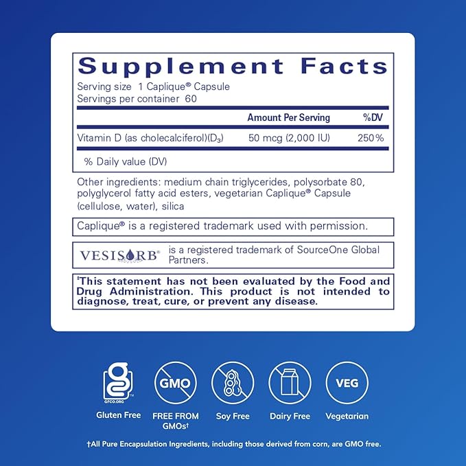 Pure Encapsulations Vitamin D3 VESIsorb | Supplement to Support Bones Heart Colon Breast Health and Enhanced Vitamin D Absorption* | 60 Caplique Capsules