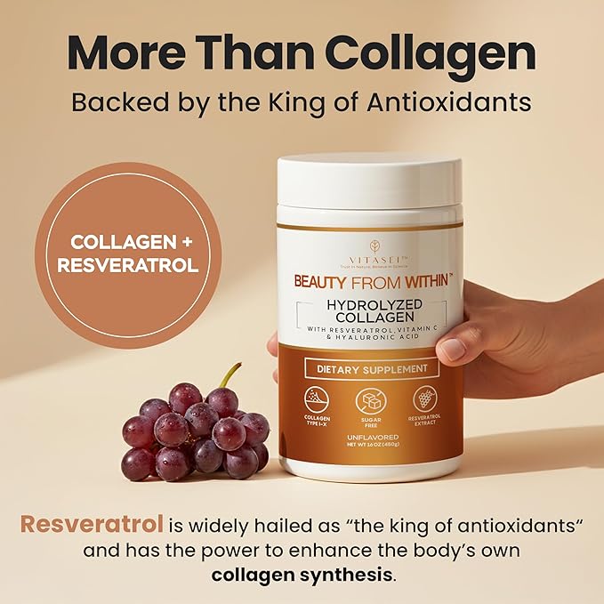 VITASEI Hydrolyzed Collagen Peptides Powder with Resveratrol &amp Vitamin C – Hair Skin &amp Joint Support with Hyaluronic Acid – Colágeno Hidrolizado for Women &amp Men – Unflavored 16 oz (30 Se