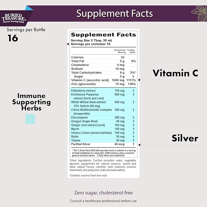Buried Treasure ACF Immune Support - 16 oz 16 Servings Vitamin C Elderberry Zinc Liquid Immune Booster with Vitamins and Minerals w/ Dose Cup