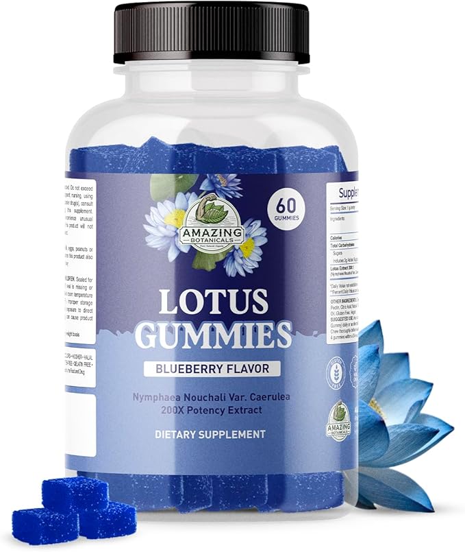 Amazing Botanicals Blueberry Lotus Flowers Gummies – Premium Relaxation &amp Calm Support – Vegan Non-GMO Gluten-Free Herbal Supplement 250MG - Berry Flavor (60 Count)