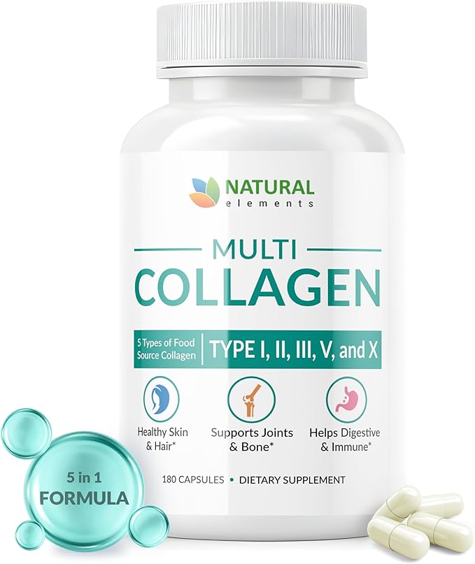 Multi Collagen 180 Protein Capsules - Type I II III V X Collagen Pills - Proprietary Blend of Eggshell Chicken Wild Fish &amp Grass-Fed Beef Collagen Peptides - 2025mg per serv