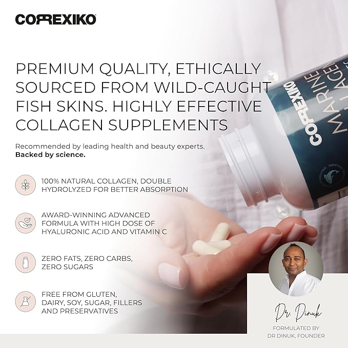 CORREXIKO Marine Collagen Supplement Pills - 1800mg Hydrolyzed Collagen Peptides per Serving with Added Hyaluronic Acid Vitamin C &amp Minerals - for Hair Skin &amp Nails - 120 Capsules 30 Day Sup