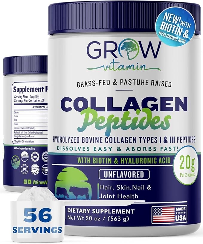 Collagen Peptides Powder 20g with Hyaluronic Acid &amp Biotin - Unflavored Grass Fed Collagen Powder with Hydrolyzed Type I &amp III Collagen Supplements - Hair Nail Skin &amp Joint Support - 56