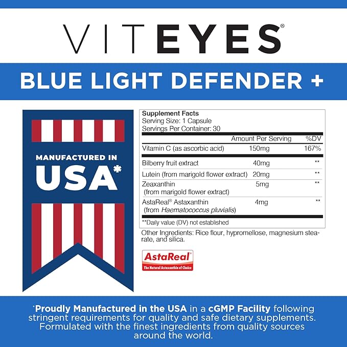 Viteyes Blue Light Defender+ Supplement Capsules Dietary Safeguard from Harmful Blue Light 30 Capsules