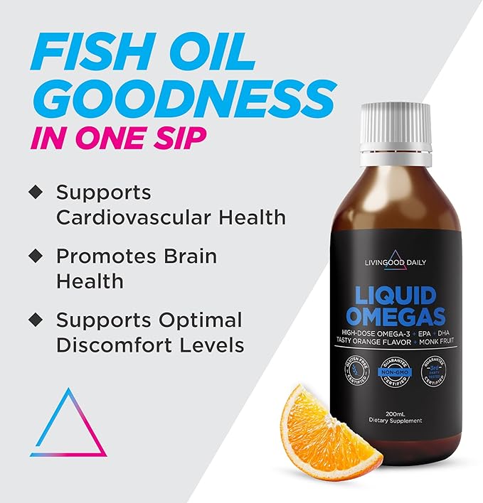 Livingood Daily Liquid Omega 3 Fish Oil EPA &amp DHA Supplement with Monk Fruit &amp Orange Flavor Supports Heart Joint &amp Brain Health Fish Oil for Men &amp Women Non GMO Gluten Free 200