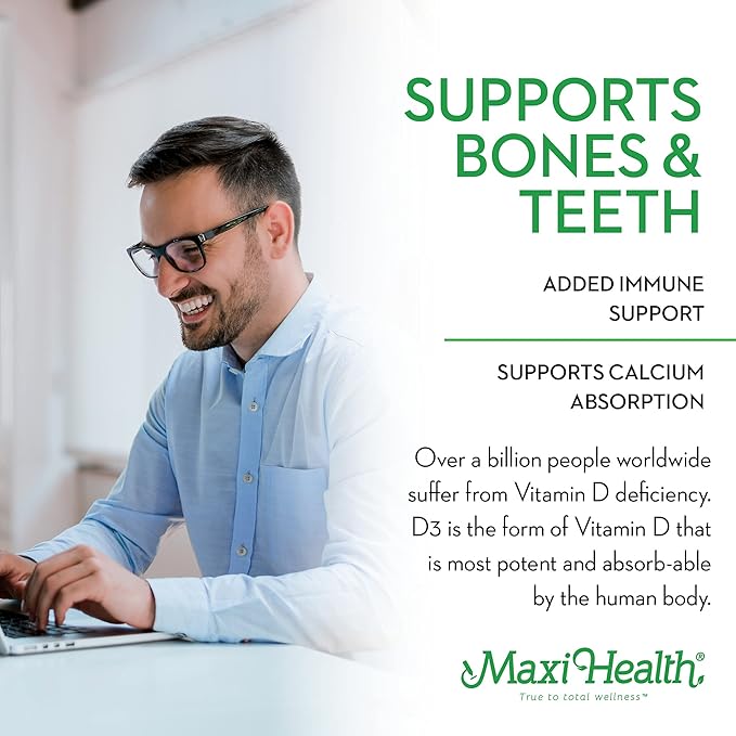 Maxi Health Vitamin D3 3000 IU 75 mcg Vitamin D Supplement for Healthy Bones Teeth Immune Support - VIT D3 Supplement Easy to Swallow Non-GMO Supplement for Men and Women – Kosher (180 Tablets)