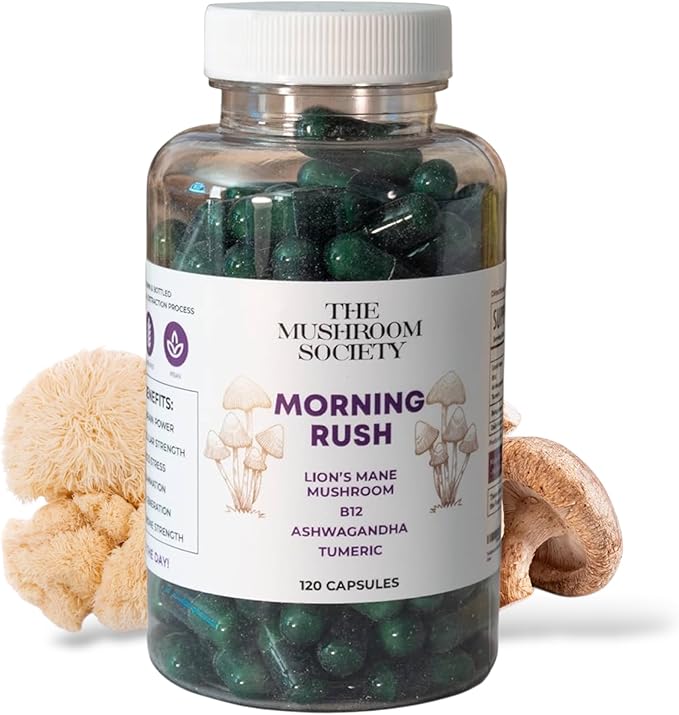 Morning Rush - Lion’s Mane Ashwagandha Turmeric &amp B12 Extract Blend - Mushroom Supplement for Focus &amp Energy Support - 120 Vegan Capsules