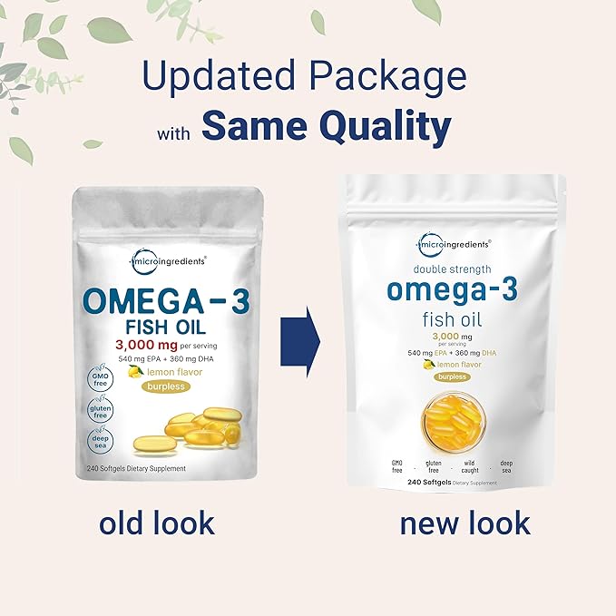 Micro Ingredients Omega 3 Fish Oil Supplements 3000mg Per Serving 240 Softgels | Lemon Flavored – Burpless | EPA 540mg + DHA 360mg | Deep Sea Fish
