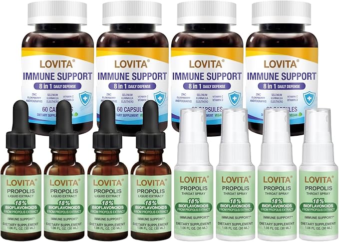 LOVITA 12-Piece Total Care Bundle - 4 Each of Propolis Liquid Throat Spray &amp Immune 8-in-1 Complete Wellness Kit (12 Pc)