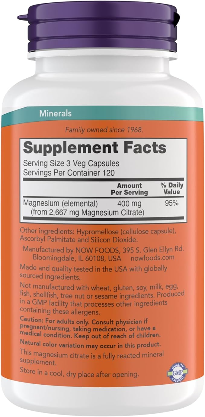 Now Supplements Magnesium Citrate Enzyme Function* Nervous System Support* Critical for Enzyme Function* Gluten Free Vegan Kosher Non-GMO 360 Vegetarian Capsules