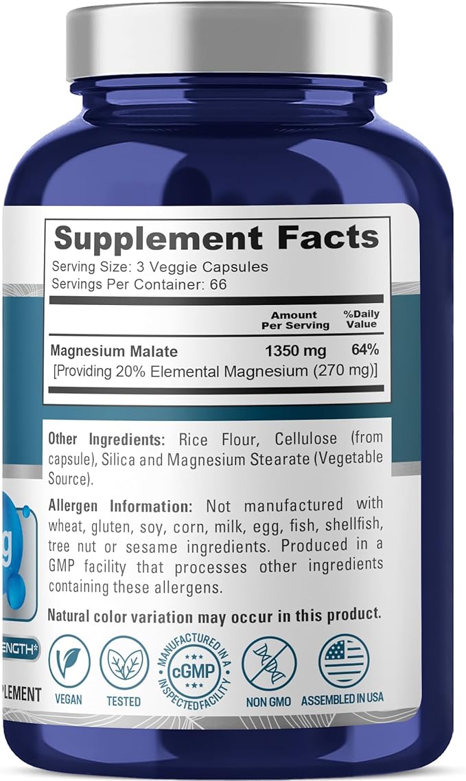 NusaPure Magnesium Malate 1350mg 200 Veggie Capsules (Vegan Non-GMO Vegan) (Pack of 2)