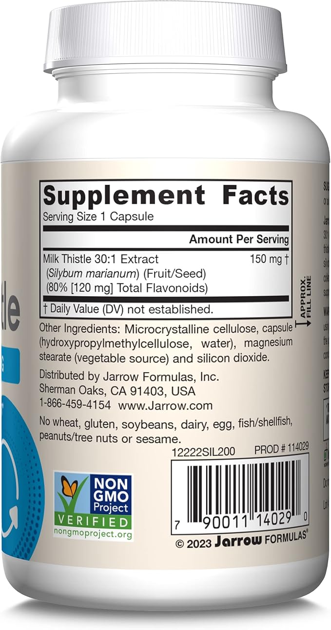 Jarrow Formulas Milk Thistle Supplement 150 mg 30:1 Milk Thistle Extract Standardized to 80% Total FlavonoidsDietary Supplement for Liver Function Support 200 Veggie Capsules for 200 Day(Pack of 2)