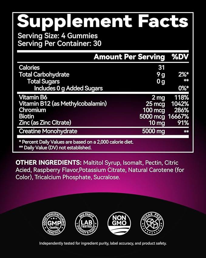 Creatine Monohydrate Gummies for Women 5000mg - 6-in-1 with Biotin Zinc B6 B12 - Sugar-Free Raspberry Creatine Chewables for Muscle Energy &amp Skin - 120 Count