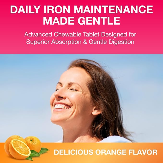 i-max Maintenance Iron Supplement 45mg Elemental Iron-Polyschaccaride Complex + Vitamin C &amp B12 Iron Supplement for Women &amp Men No Artificial Dyes Orange Flavor 100 Chewable Tablets