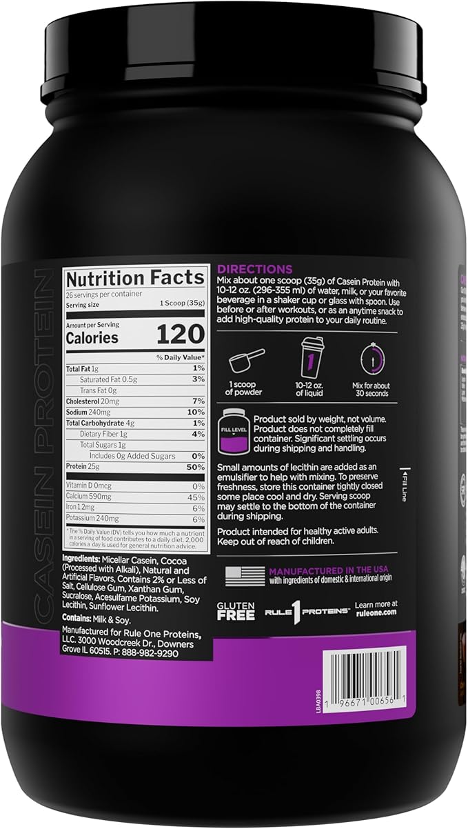 Rule 1 Casein Protein - 25g Protein and 11g EAAs Per Serving from Slow-Release Micellar Casein for Overnight Recovery and Sustained Delivery Between Meals (2 Pounds Chocolate Peanut Butter)