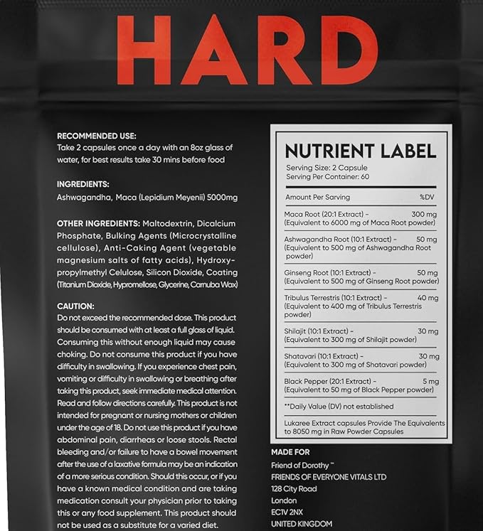 Hard Supplement for Men - Black Maca &amp Ashwagandha Root - Natural Performance Support - Enhances Energy Vitality Hormonal Balance - (60 Capsules/Pouch)