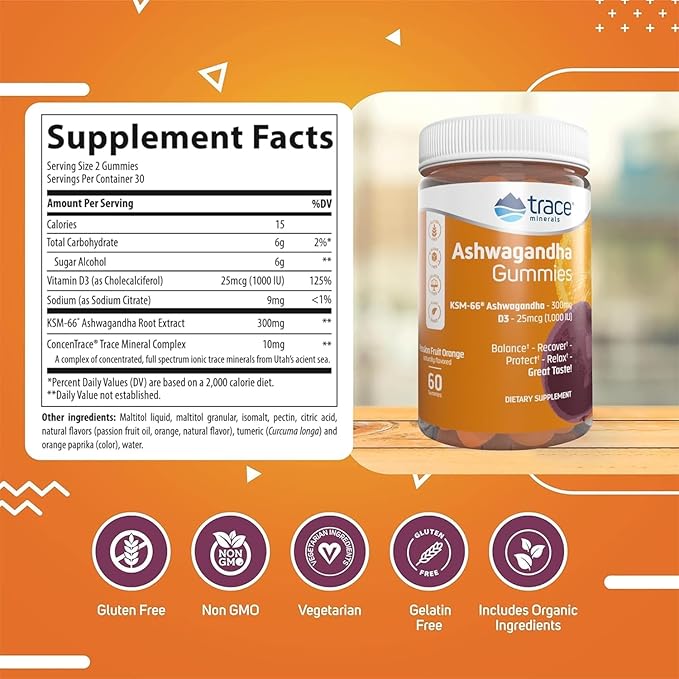 Trace Minerals Ashwagandha - Ashwagandha Gummies for Supporting A Healthy Mindset - Calming Supplement - Better Sleep - Immune System &amp Energy Support - Passion Fruit Orange - 60 Count (30 Serving