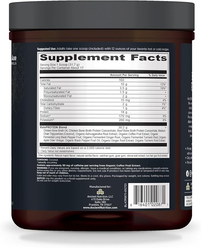 Ancient Nutrition Keto Protein Powder KetoPROTEIN with Fats from Bone Broth and MCT Oil Vanilla 18g Protein 11g Fat Per Serving Gluten Free 17 Servings