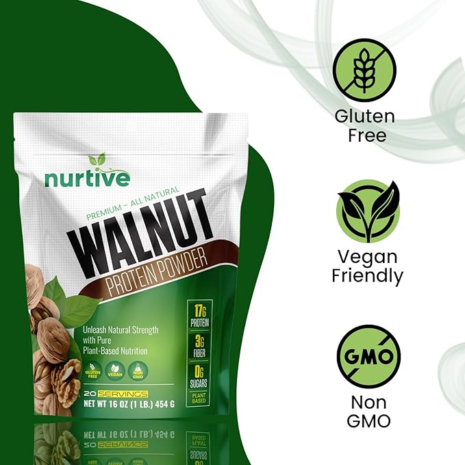 Walnut Protein Powder - Rich in Omega-3 &amp Plant-Based Protein - Antioxidant Boost - Ideal for Smoothies &amp Baking - Gluten Free Vegan Non GMO - 20 Servings (16 oz / 454 g)