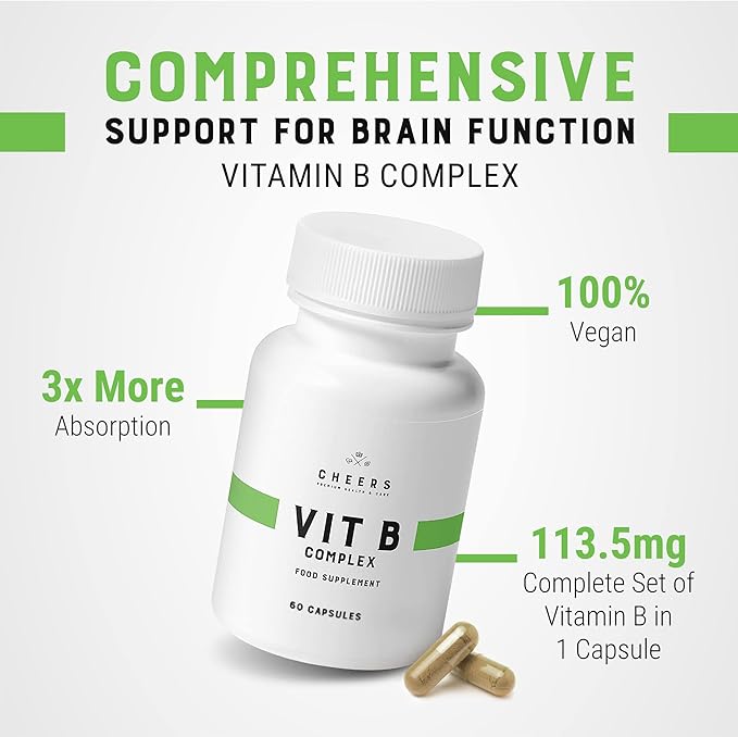 CHEERS Vitamin B Complex Supplement | 113.5mg Complete B Vitamins with B1 B2 B3 B6 B12 | High Absorption Vegan B Complex for Brain Nerve &amp Immune Support | Non-GMO DRcaps® Plus | 60 Capsules