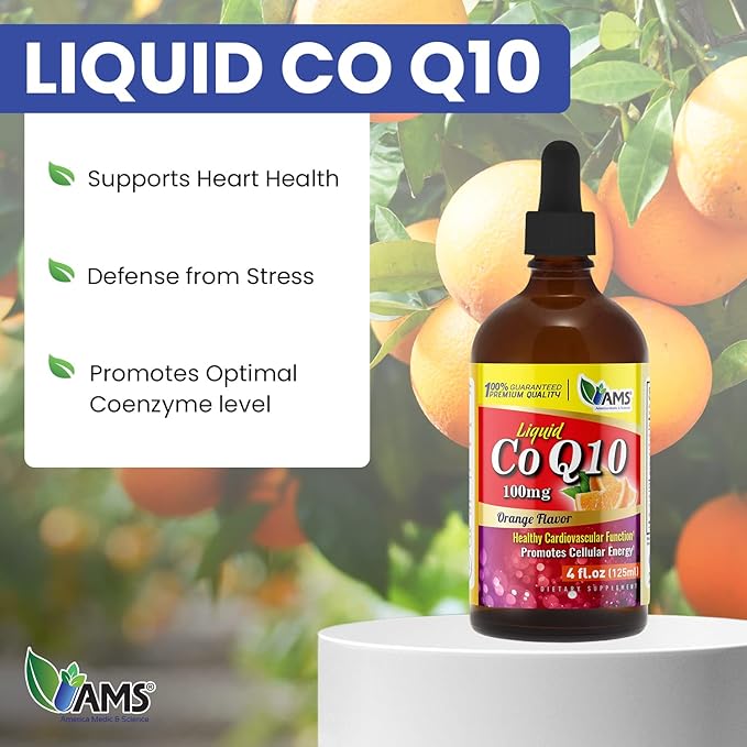 America Medic &amp Science CoQ10 100mg (125 ml) | Liquid Coenzyme Q10 | Dietary Supplement for Men and Women | with Vitamins E B3 B6 B12 and B5 | Promotes Cellular Energy and Better Heart Health
