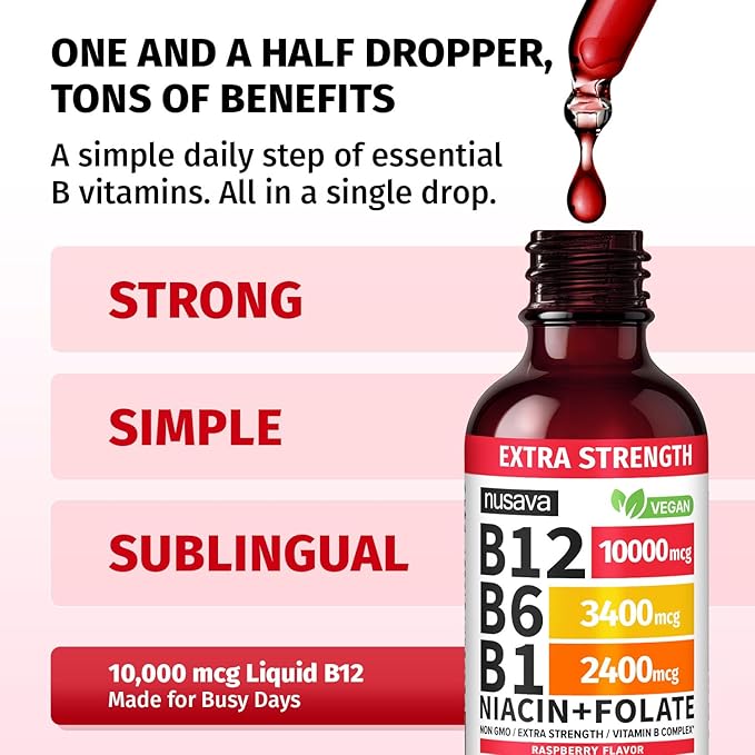 NUSAVA (2 Pack Extra Strength Liquid Vitamin B12 Sublingual Vitamin B Complex - B12 Drops 10000mcg - Methylcobalamin for Energy Brain and Heart Support Raspberry Flavor 2 floz 80 Servings