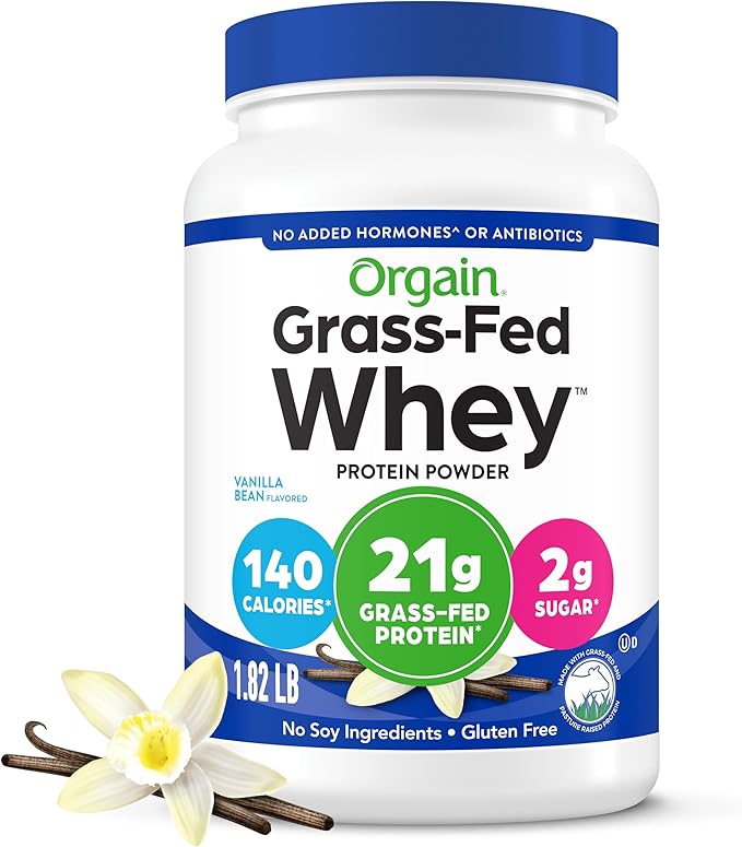Orgain Whey Protein Powder Vanilla Bean 21g Grass Fed Dairy Protein 5g BCAAs 3g Prebiotic Fiber 2g Sugar No Added Hormones Gluten Free Kosher for Shakes &amp Smoothies 1.82 lb