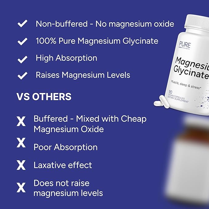100% Pure Magnesium Glycinate | Fully Reacted Magnesium Bisglycinate Buffered-Free | Muscle Relaxation &amp Sleep Support – Well Tolerated (Vegan Non-GMO) 90 Capsules | Made in the USA
