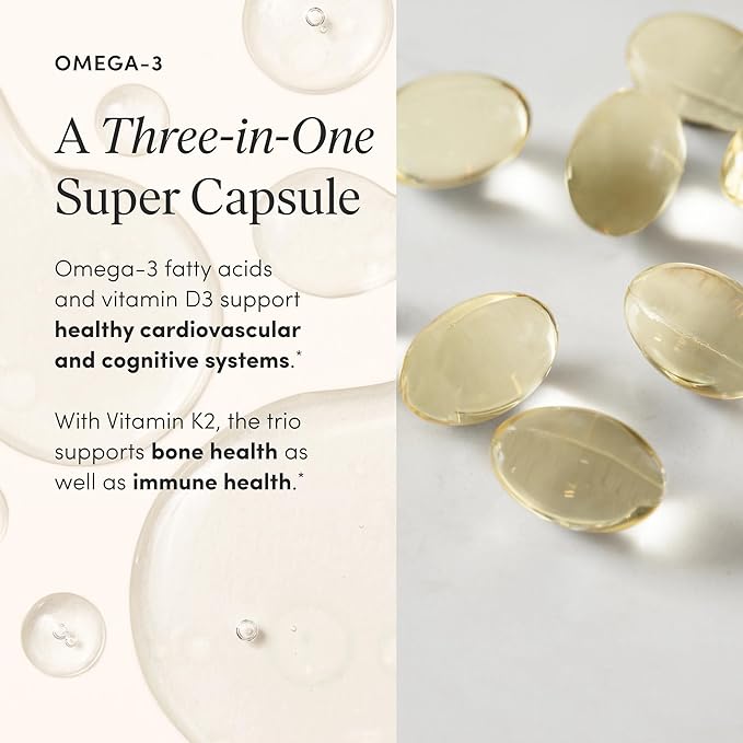 The 'Pause Life Omega 3 Vitamin D &amp K2 Gluten Free Supplement Fish Oil and Vitamin Formula Immune Support Daily Wellness Routine Natural Ingredients Dairy Free Unflavored 120 Softgels