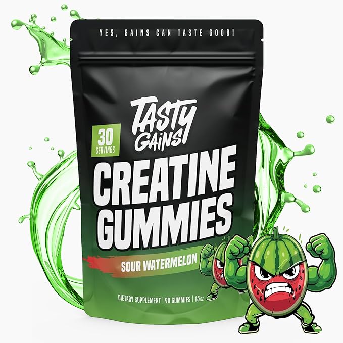 TASTY GAINS Creatine Gummies 90g of Creatine Non-GMO Vegan - Build Muscle &amp Boost Strength for Men &amp Women (1g Creatine Monohydrate Per Gummy) Made in USA (90 Sour Watermelon)