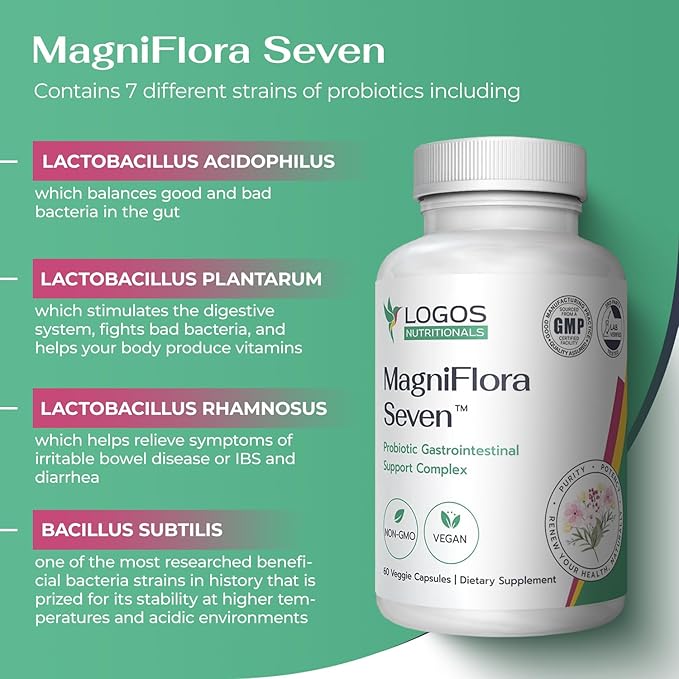 MagniFlora Seven Probiotic 5 Billion CFU - 60 Vegan Capsules 7 Strain Blend for Digestive Health Immune Boost Probiotic Supplements for Men &amp Women