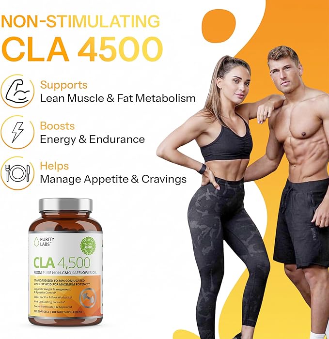 Purity Labs CLA Supplements 4500MG - Non-GMO Safflower Oil - Supports Energy Weight Loss Heart Health and Muscle Health - 180 Soft gels