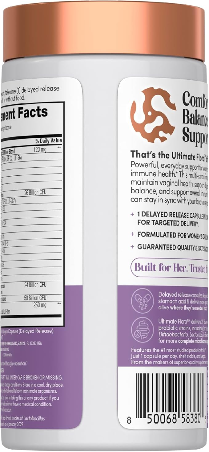 Renew Life Ultimate Flora Probiotics for Women | 50 Billion CFU | 30 Delayed Release Vegan Capsules | Digestive &amp Vaginal Health | Dairy Soy and Gluten Free Supplement