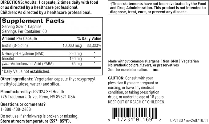 Klaire Labs SFI Health Hair and Nails Formula - 10000 Micrograms Soy &amp Dairy-Free Biotin Complex with Inositol &amp PABA (60 Capsules)