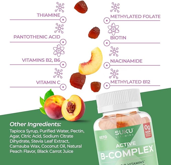 SUKU Vitamin B Complex Gummies with Vitamin C – Sugar Free Vegan 8 B Vitamins Complex Gummy Supplement Increases Cell Development Improves Metabolism &amp Collagen Formation Peach Flavour (50 Gummi