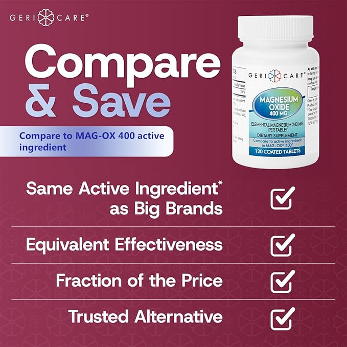 GeriCare Magnesium Oxide Supplement 240 mg - Elemental Magnesium 120 Coated Tablets – Essential Mineral Support - Promotes Vascular Health Bone Strength and Muscle Function (Pack of 6)