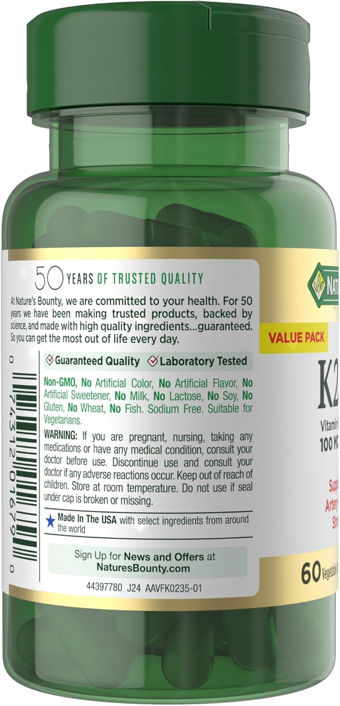 Nature's Bounty Supplement 4000 IU Vitamin D3 Plus 100 mcg of Vitamin K Supplements for Adults for Heart &amp Bone Health Support 60 Day Supply 60 Vegetarian Capsules (Pack of 2)
