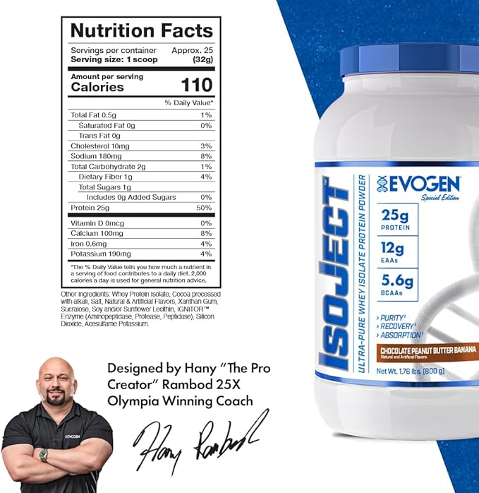 Evogen Isoject - Whey Protein Isolate | Ultra-Pure Whey Protein Powder with Ignitor Enzymes BCAAs and EAAs | Enhanced Absorption &amp Recovery | Chocolate Peanut Butter Banana | 25 Servings