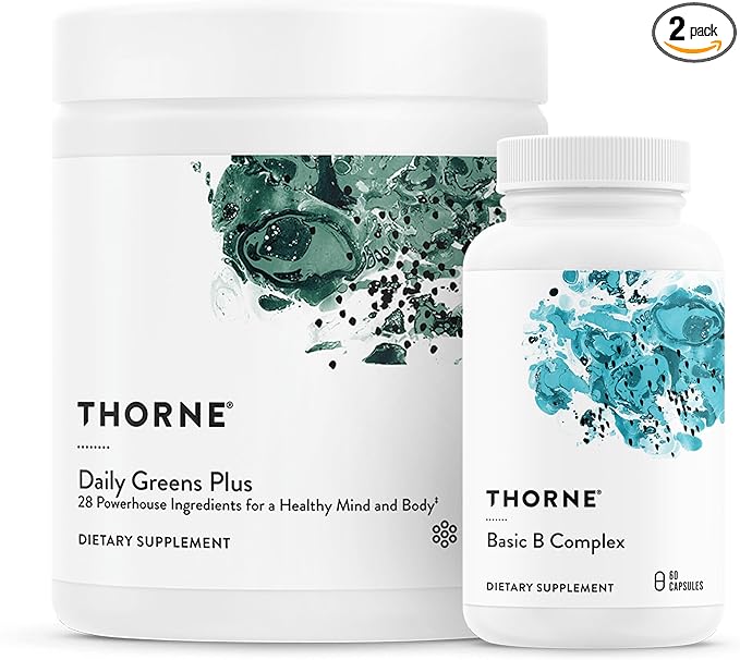 THORNE - Energy Bundle - Daily Greens Plus &amp Basic B Complex - Promotes Cellular Energy and Physical Endurance - 30 Servings